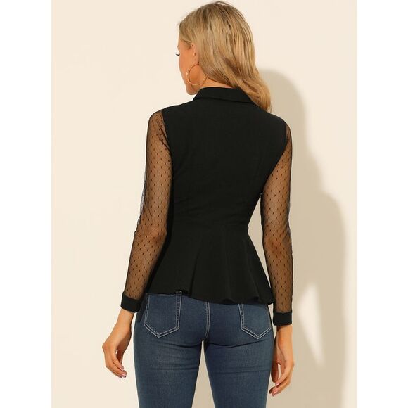 Mesh Sheer Long Sleeve Blouse Turn Down Collar Keyhole Peplum Top Black - Picture 5 of 6